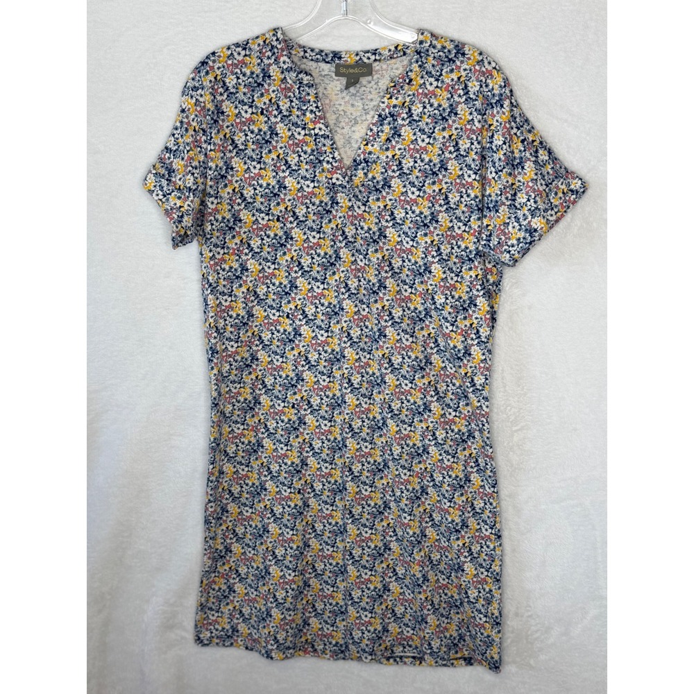 Style & Co Women Small Blue Floral Cotton Linen T-Shirt Dress Coquette